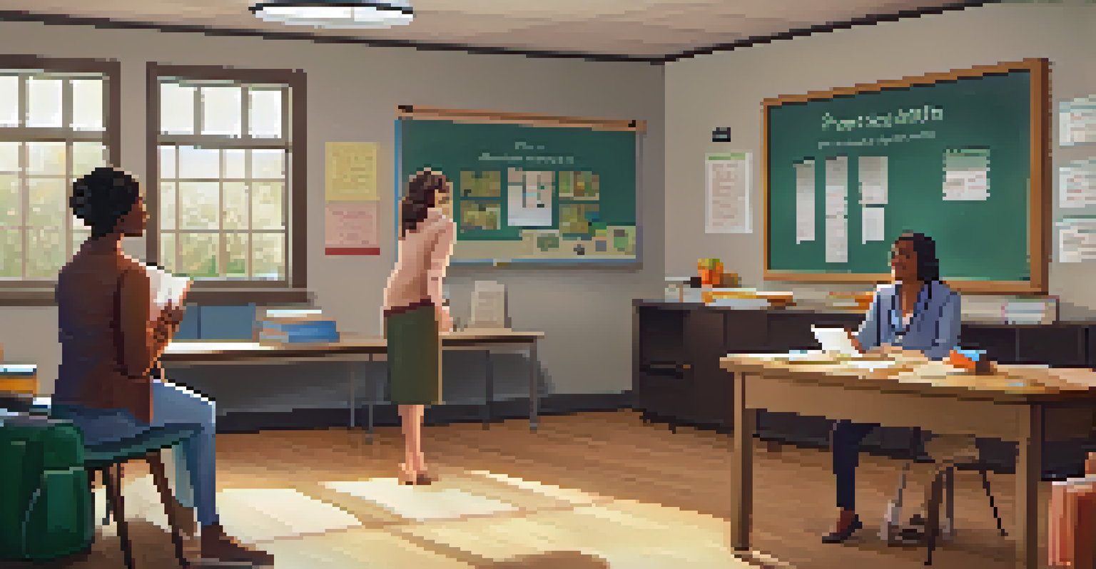A parent and teacher in a school office discussing mental health resources, with informative materials displayed in the background.