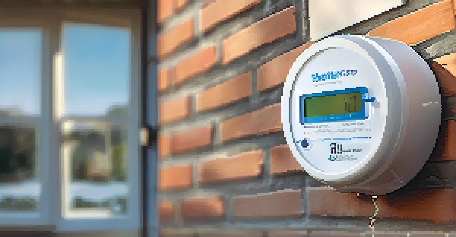 A close-up of a smart water meter showing real-time water usage data, set against a modern kitchen backdrop with sunlight.