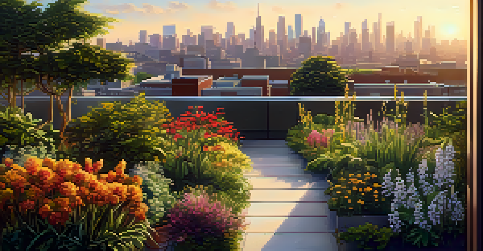 A serene rooftop garden adorned with native plants and flowers, surrounded by tall city buildings, illuminated by the warm light of sunset.