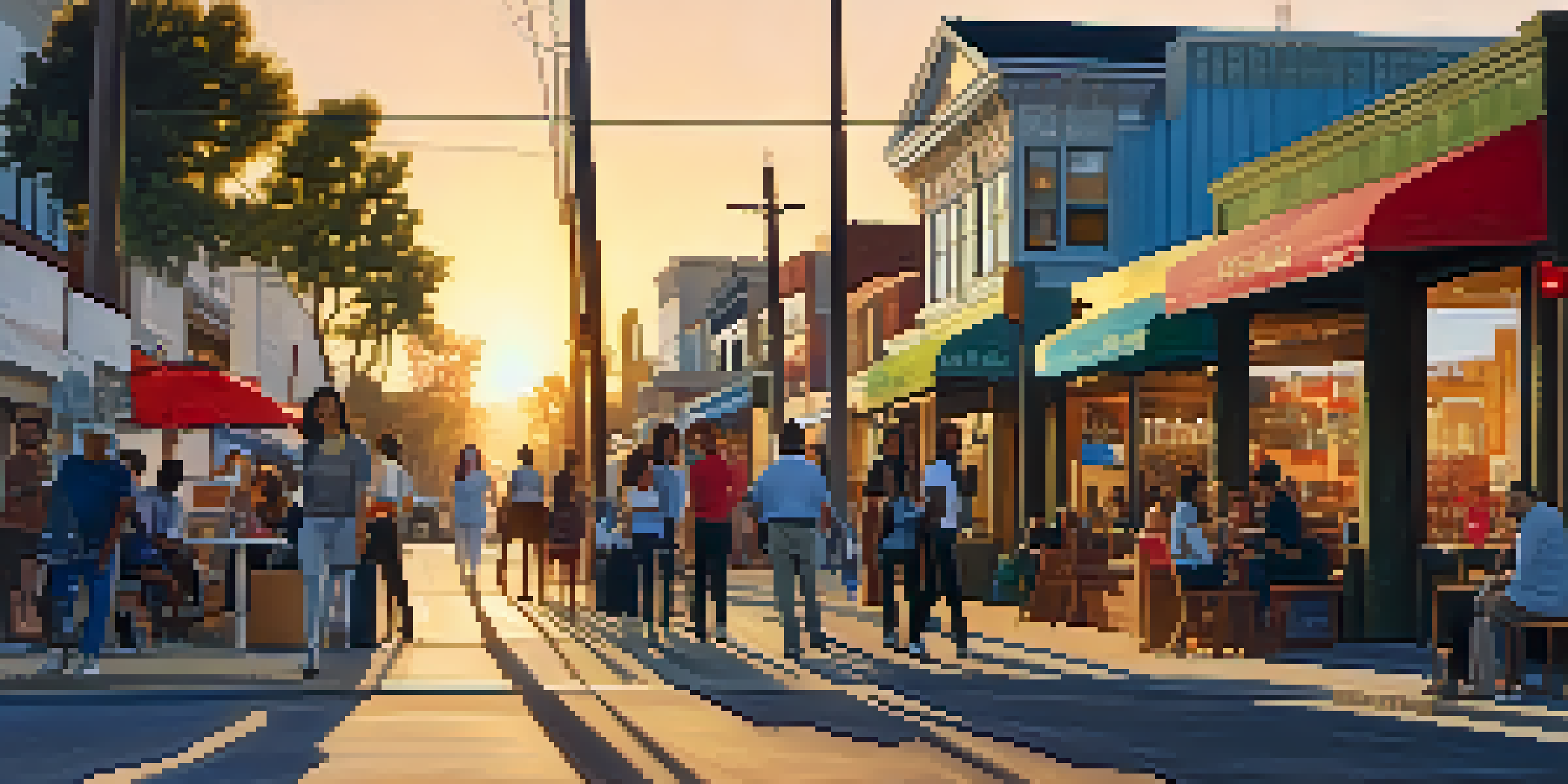 A lively street in Los Angeles showing a blend of new and old businesses with diverse people interacting.