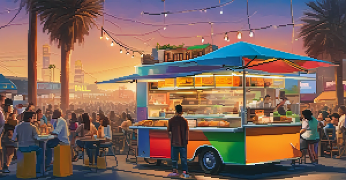 A busy food truck in Los Angeles with people enjoying various street food like tacos and dumplings under string lights during sunset.