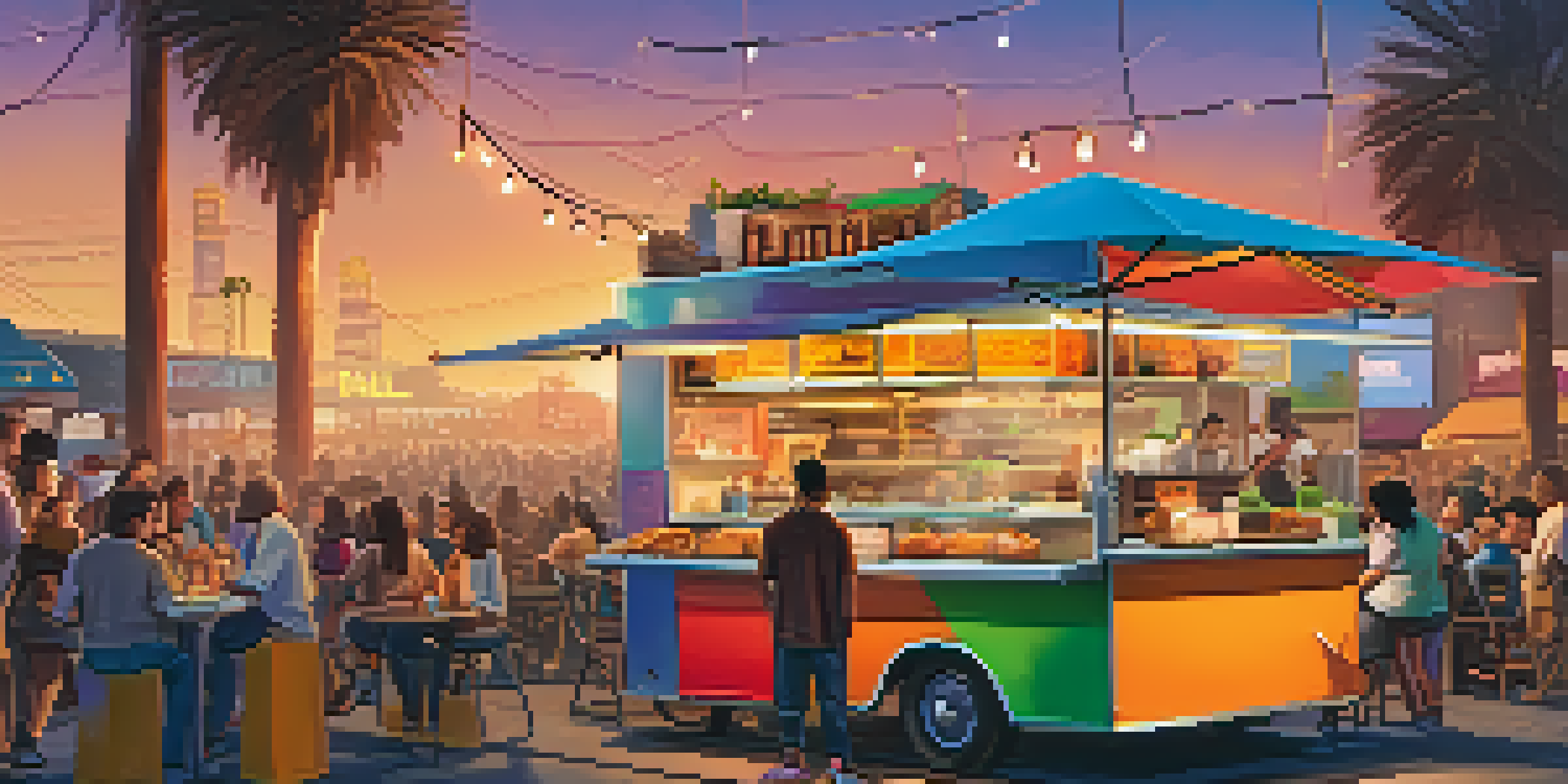 A busy food truck in Los Angeles with people enjoying various street food like tacos and dumplings under string lights during sunset.