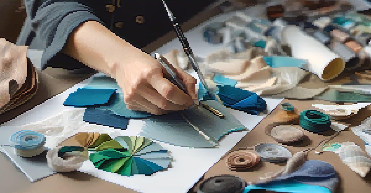 A close-up of a fashion designer working with innovative materials like mushroom leather in a bright studio, surrounded by sketches and fabric swatches.
