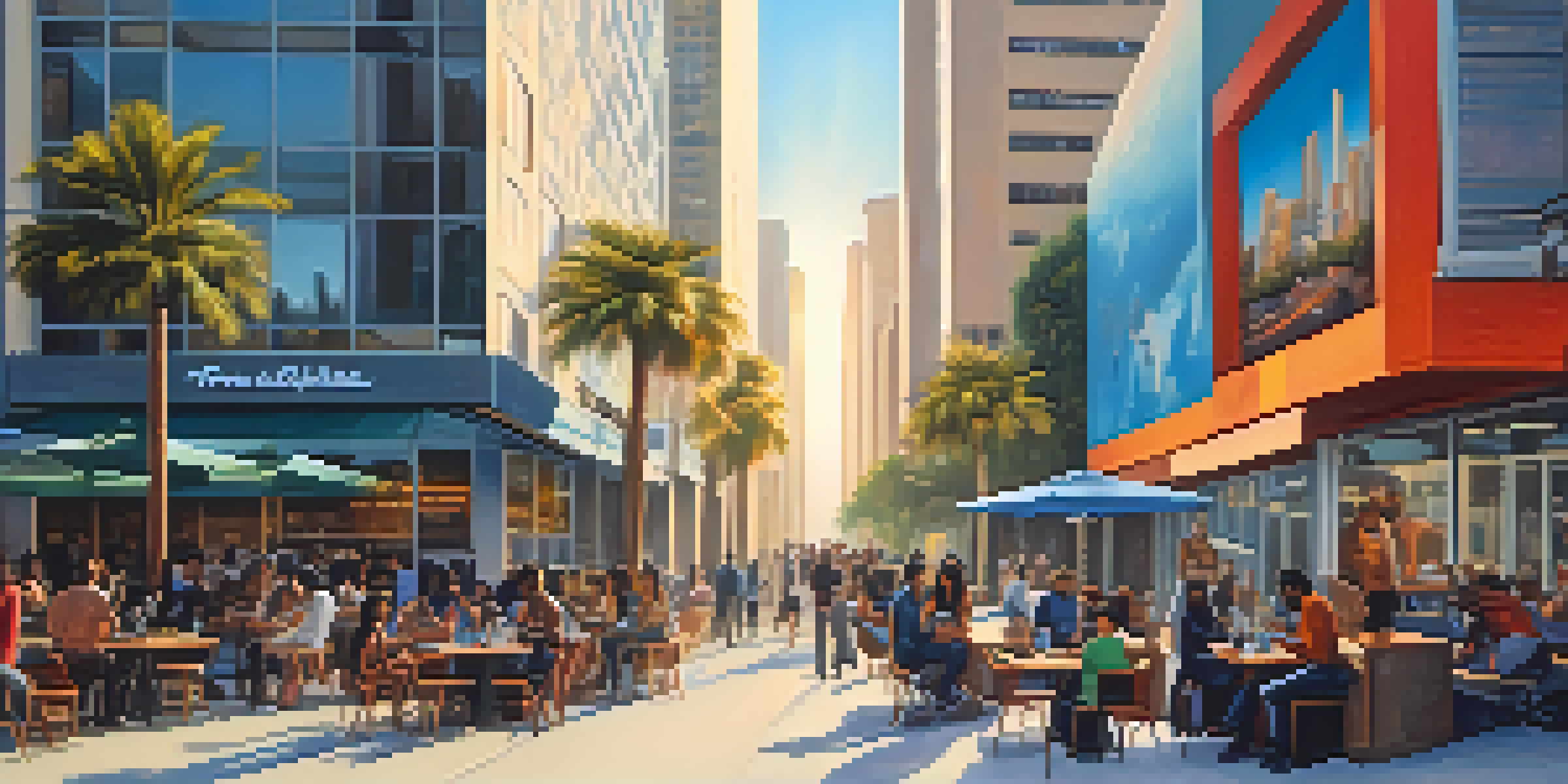 A group of young professionals working on laptops outside a café in Los Angeles, with palm trees and modern buildings in the background and a mural of virtual reality elements.