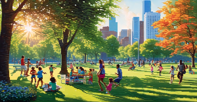 A lively urban park with people engaging in various activities, surrounded by modern buildings and greenery under a bright blue sky.