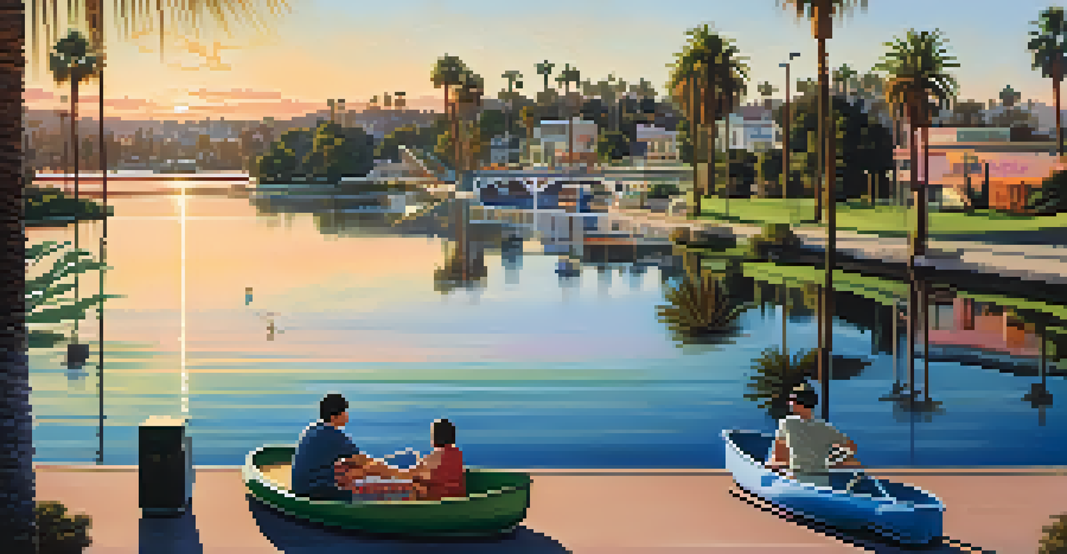 Sunset view of Echo Park Lake with paddle boats, palm trees, and colorful murals in the background.