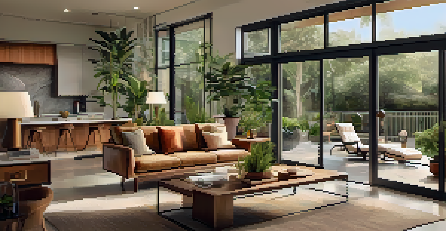 A bright living room of a Mid-Century Modern home with iconic furniture and an open floor plan leading to an outdoor terrace.