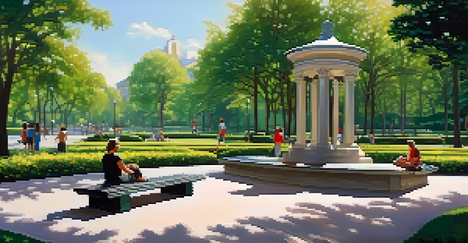 A public park with a grand metal sculpture at its center, surrounded by greenery and flowers, with people relaxing on benches.