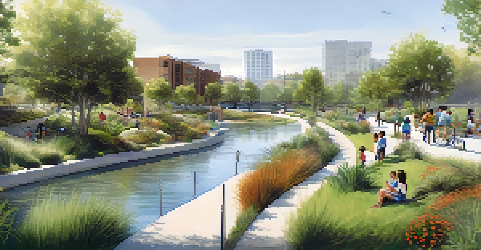 The revitalized LA River with families enjoying green spaces and walking paths along the waterway.