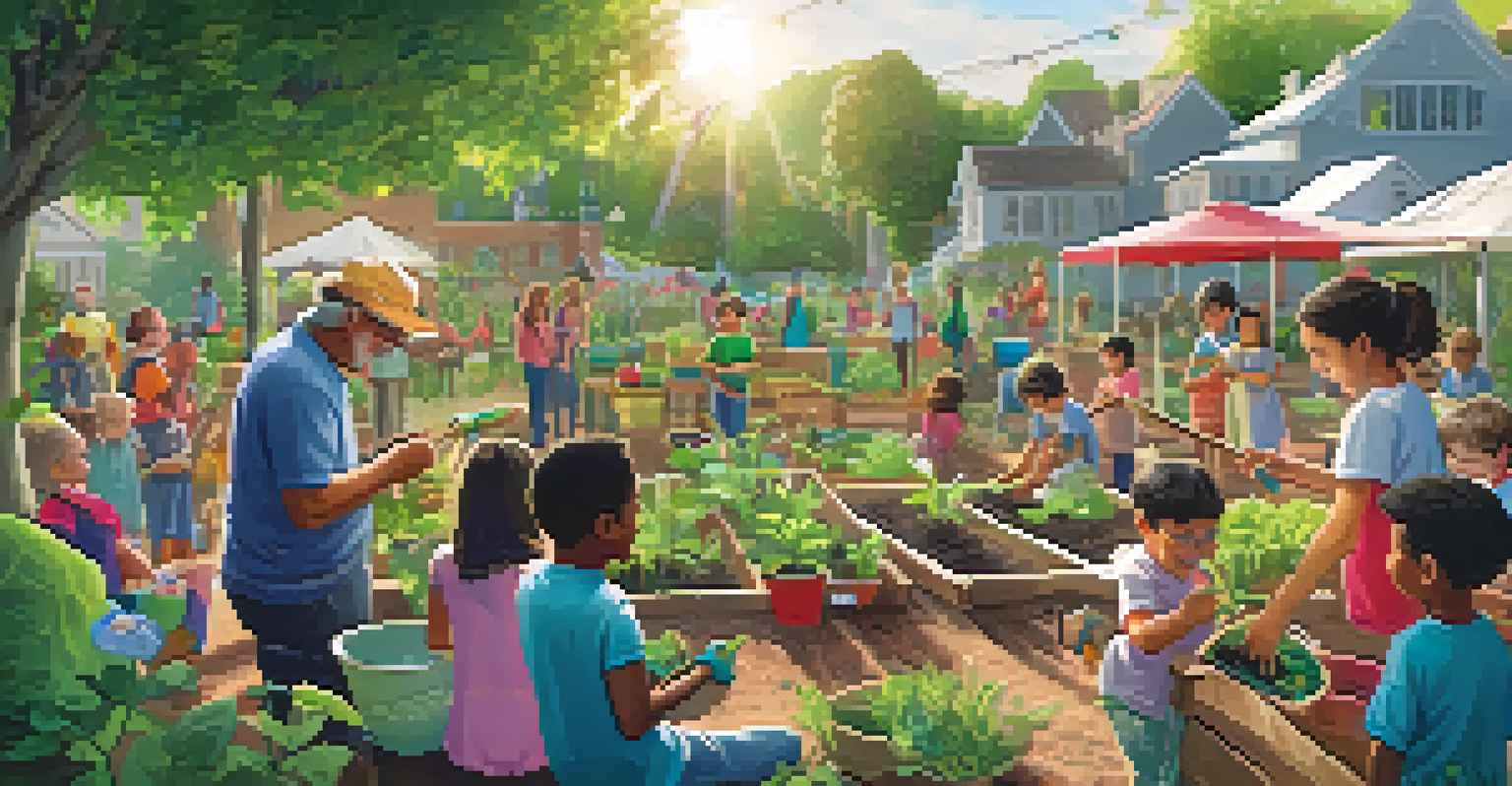 A community garden workshop with children and adults learning to plant seeds, surrounded by vibrant greenery and colorful tools.