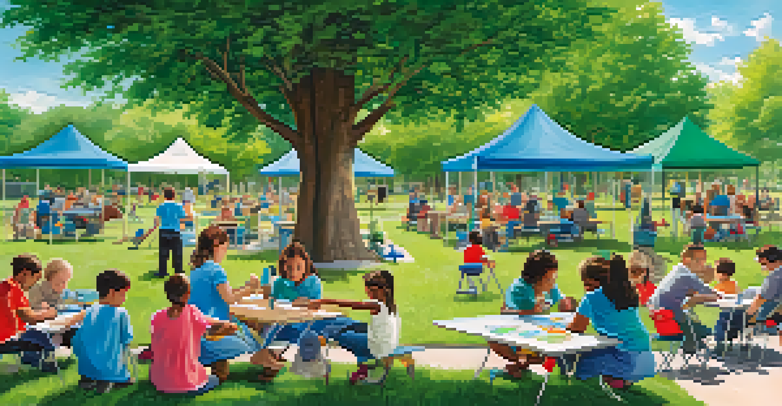An outdoor safety workshop in a park with families participating in activities, bright sky, green trees, and tables with safety materials.