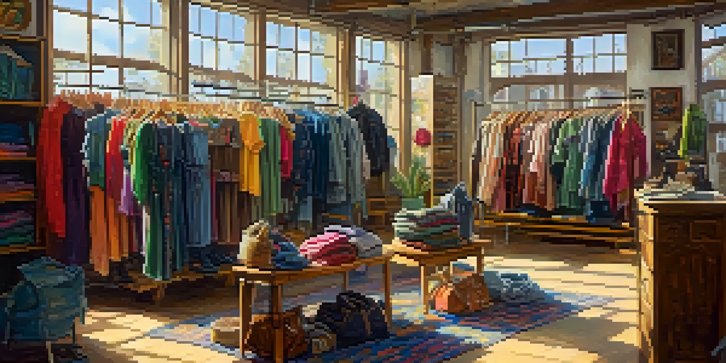 A colorful thrift store showcasing a variety of second-hand clothing, with sunlight illuminating the space and shoppers browsing the racks.