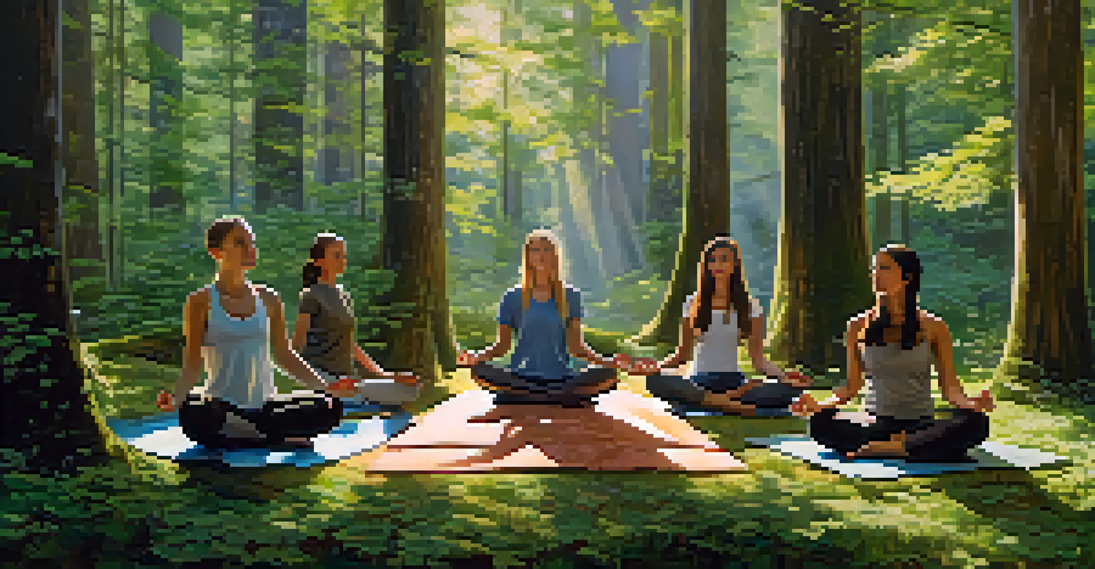 A group of people meditating in a tranquil forest setting, surrounded by tall trees and dappled sunlight, creating a peaceful atmosphere.