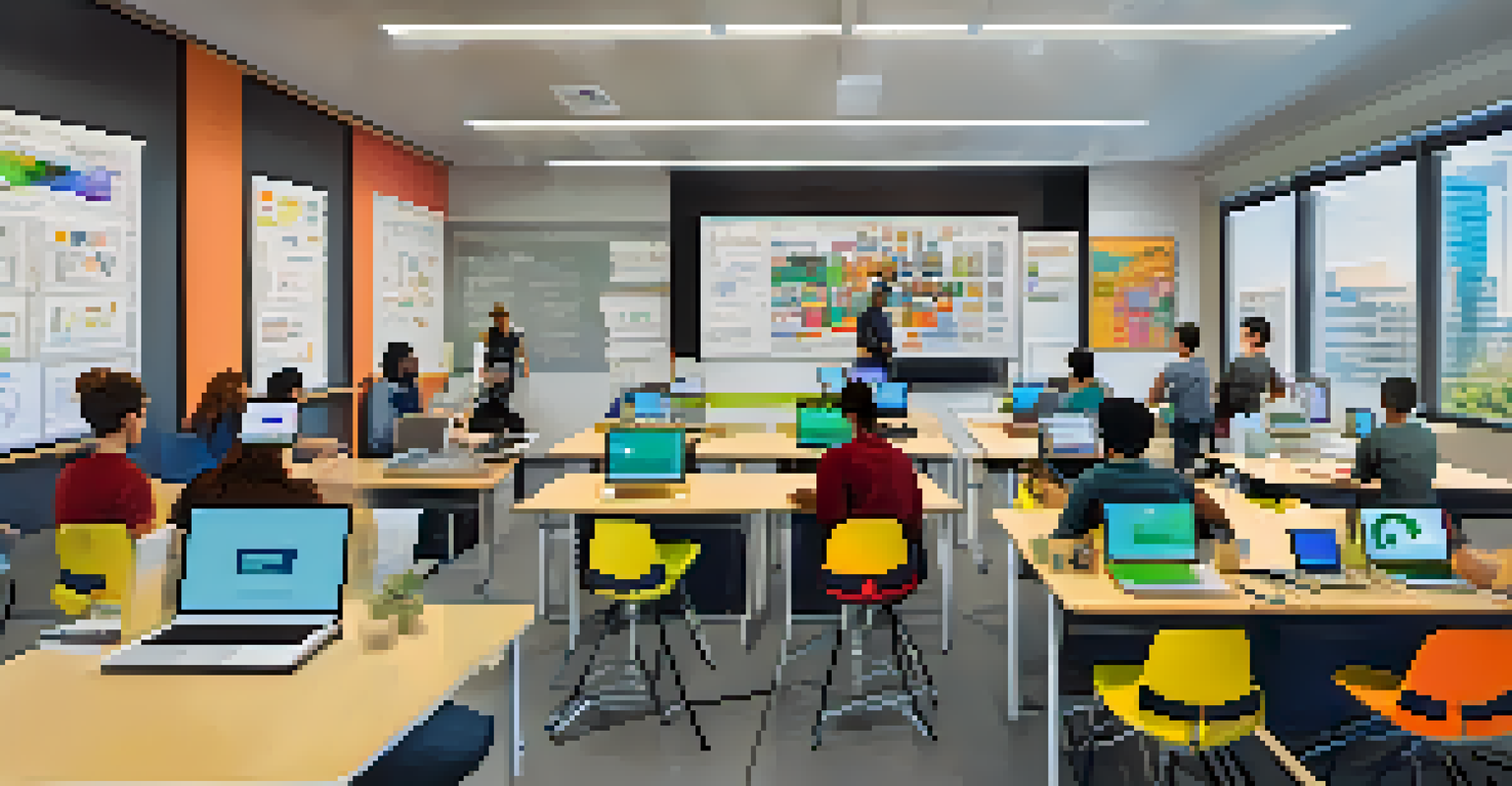 A modern university classroom in Los Angeles with students engaged in a coding bootcamp.