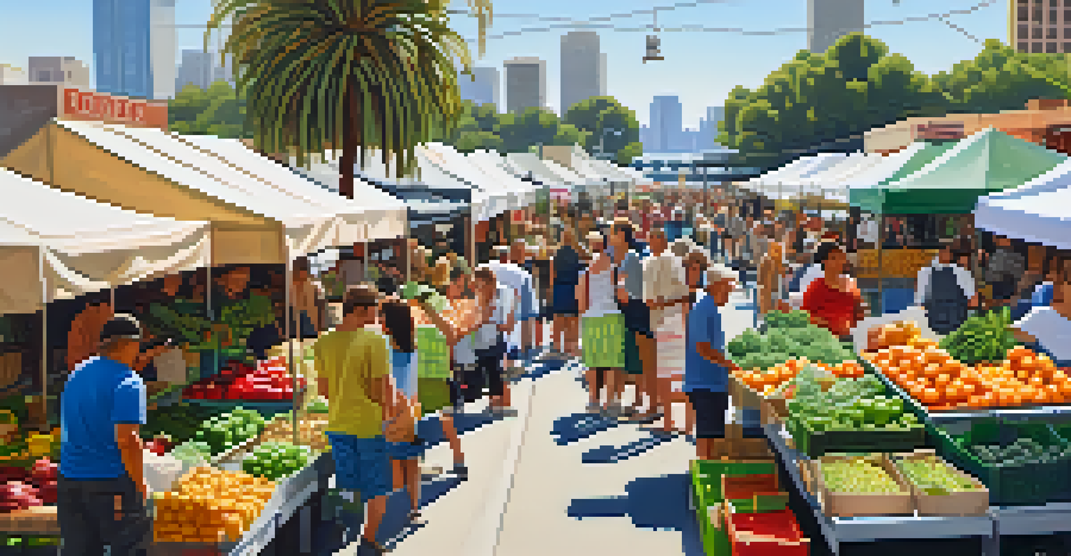 A lively farmers' market in Los Angeles with stalls of organic produce and local farmers engaging with shoppers.