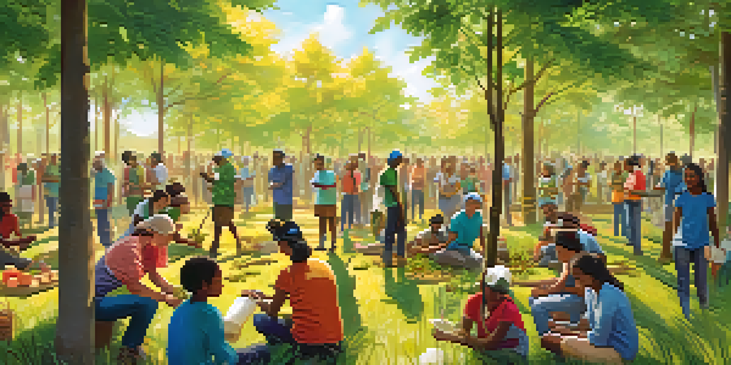 A diverse group of people planting trees together in a sunny outdoor environment, surrounded by greenery and colorful banners promoting environmental awareness.