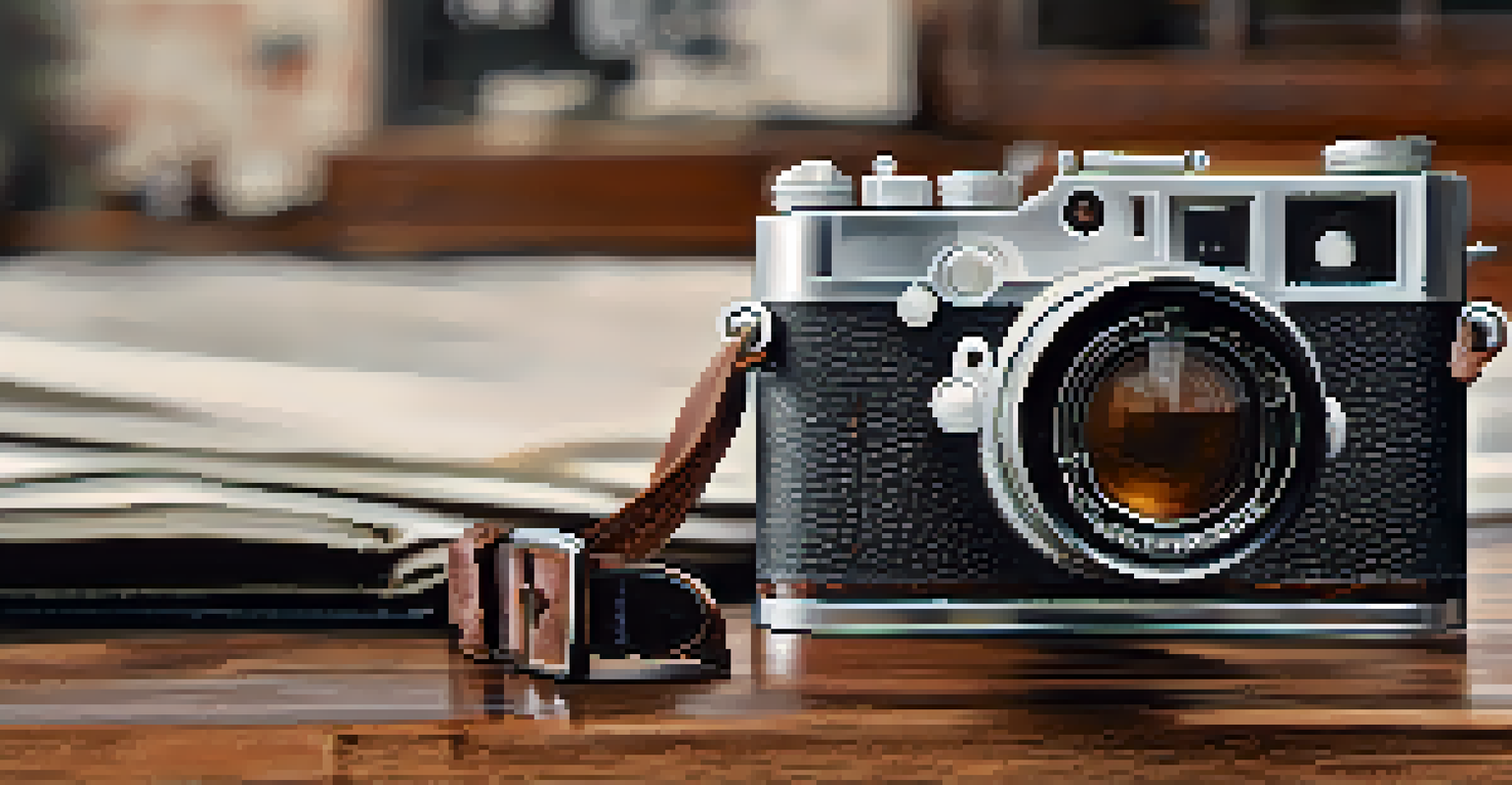 A vintage Leica camera on a wooden table with soft natural light, showcasing its sleek design against a blurred urban background.