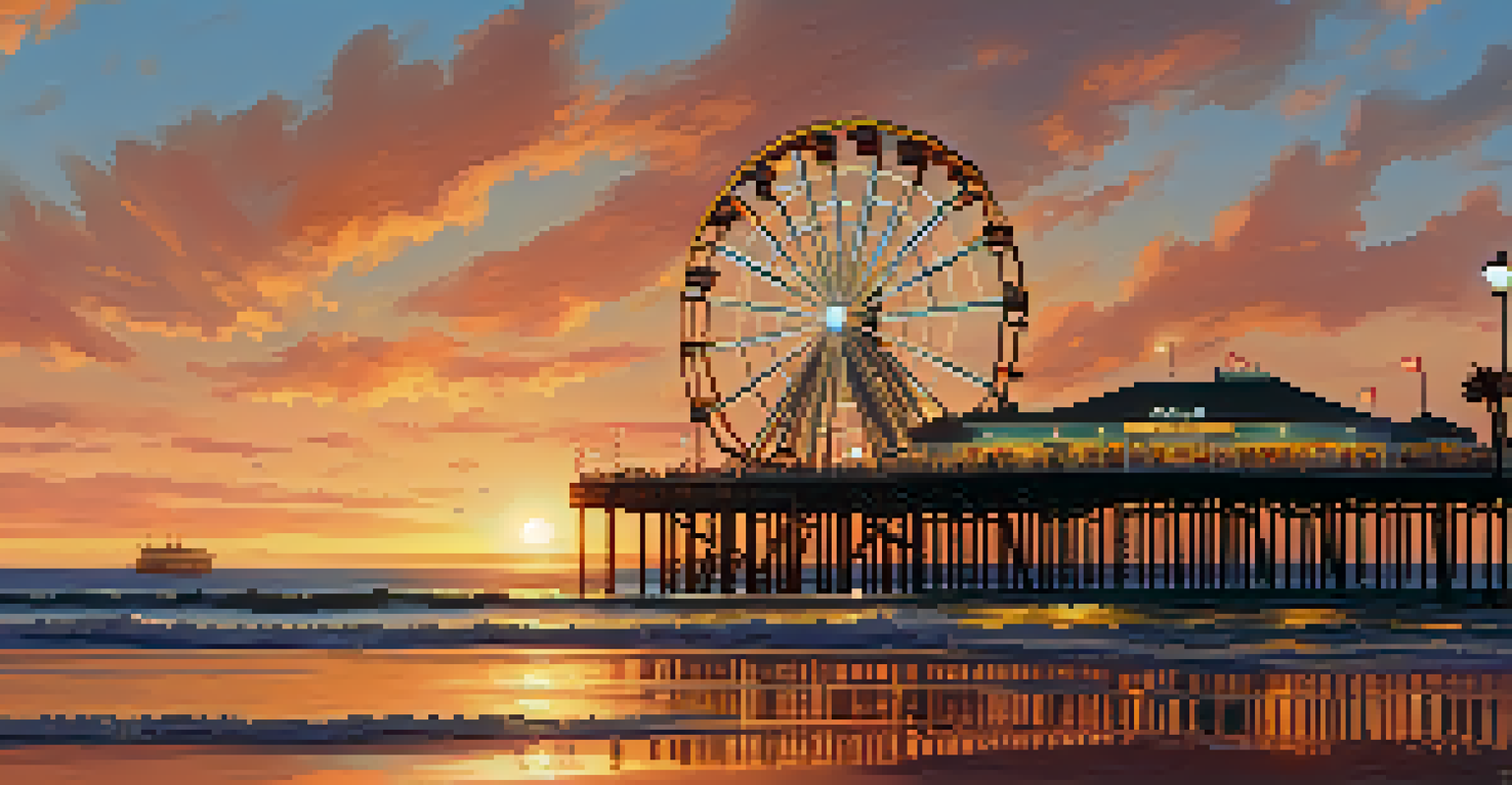 A vibrant sunset over Santa Monica Pier with the Ferris wheel lit up and people enjoying the beach.