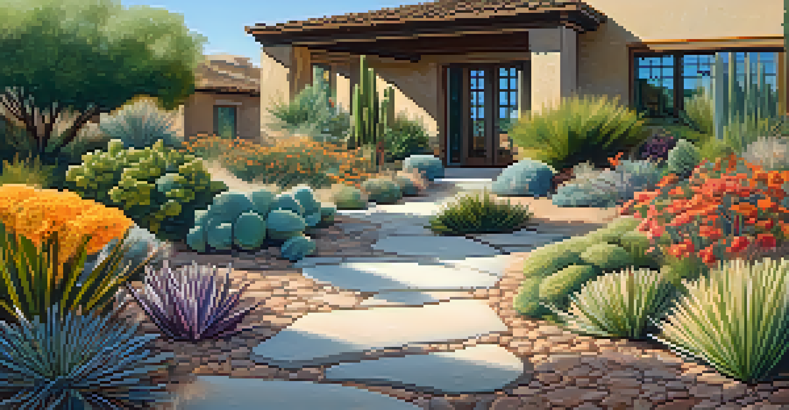 A close-up of a xeriscape garden with drought-resistant plants and flowers, showcasing sustainable landscaping.