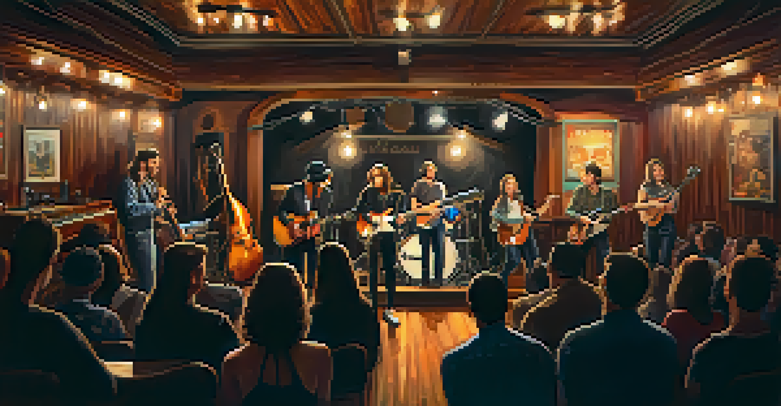 An intimate concert at The Troubadour, showcasing a small indie band on stage with an engaged audience and warm lighting.
