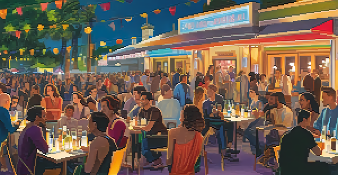A lively outdoor scene at the Los Angeles Film Festival with filmmakers and audiences interacting, colorful banners in the background, and warm lighting.