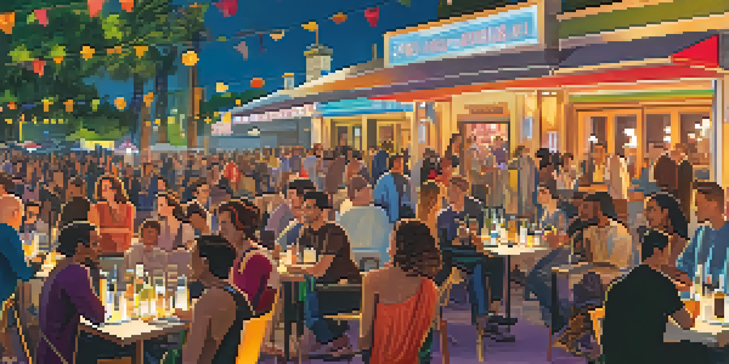 A lively outdoor scene at the Los Angeles Film Festival with filmmakers and audiences interacting, colorful banners in the background, and warm lighting.