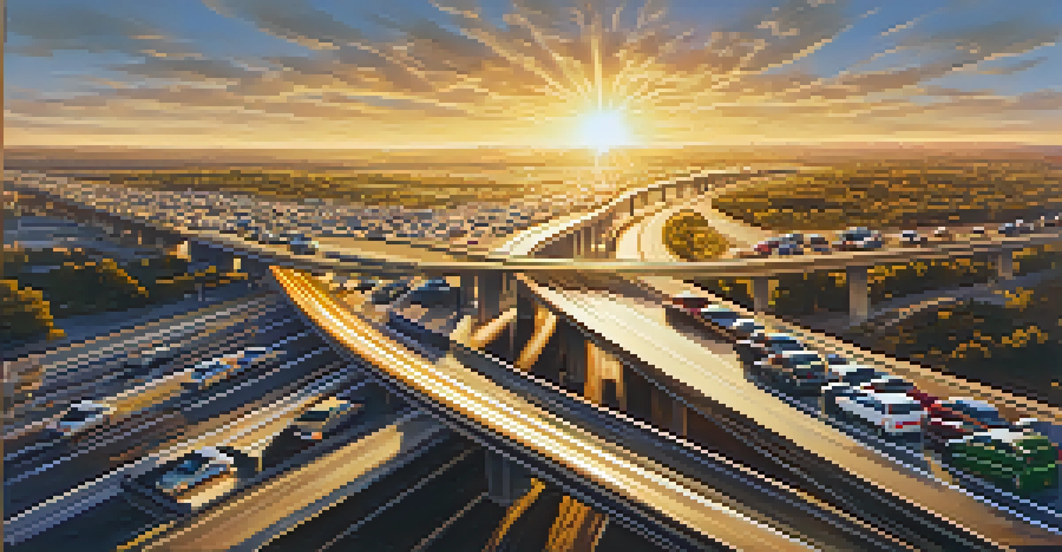 An aerial view of a highway with ridesharing cars moving through traffic during sunset.