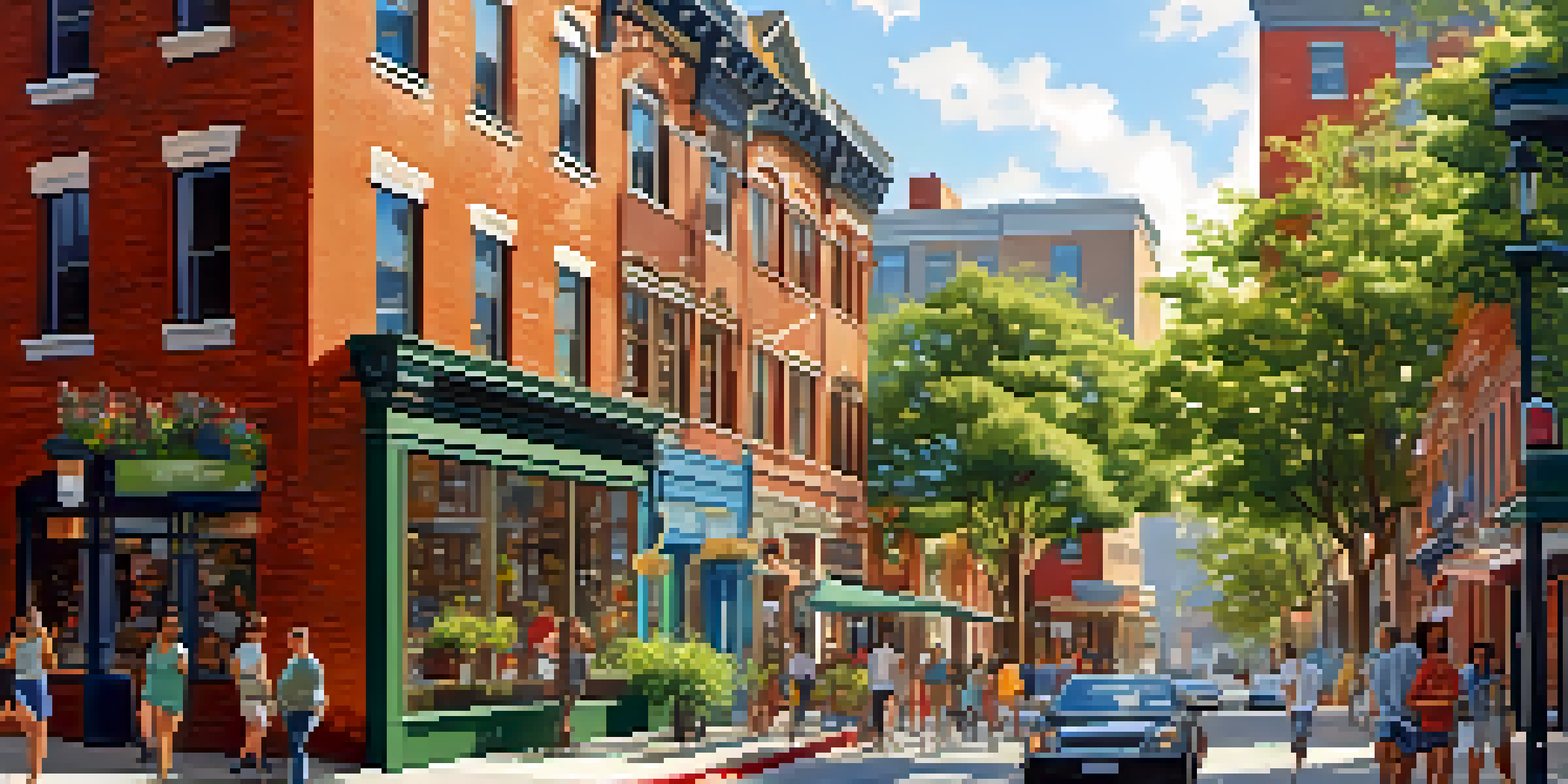 A lively urban neighborhood with a mix of old and new buildings, diverse people engaged in activities, and colorful murals.