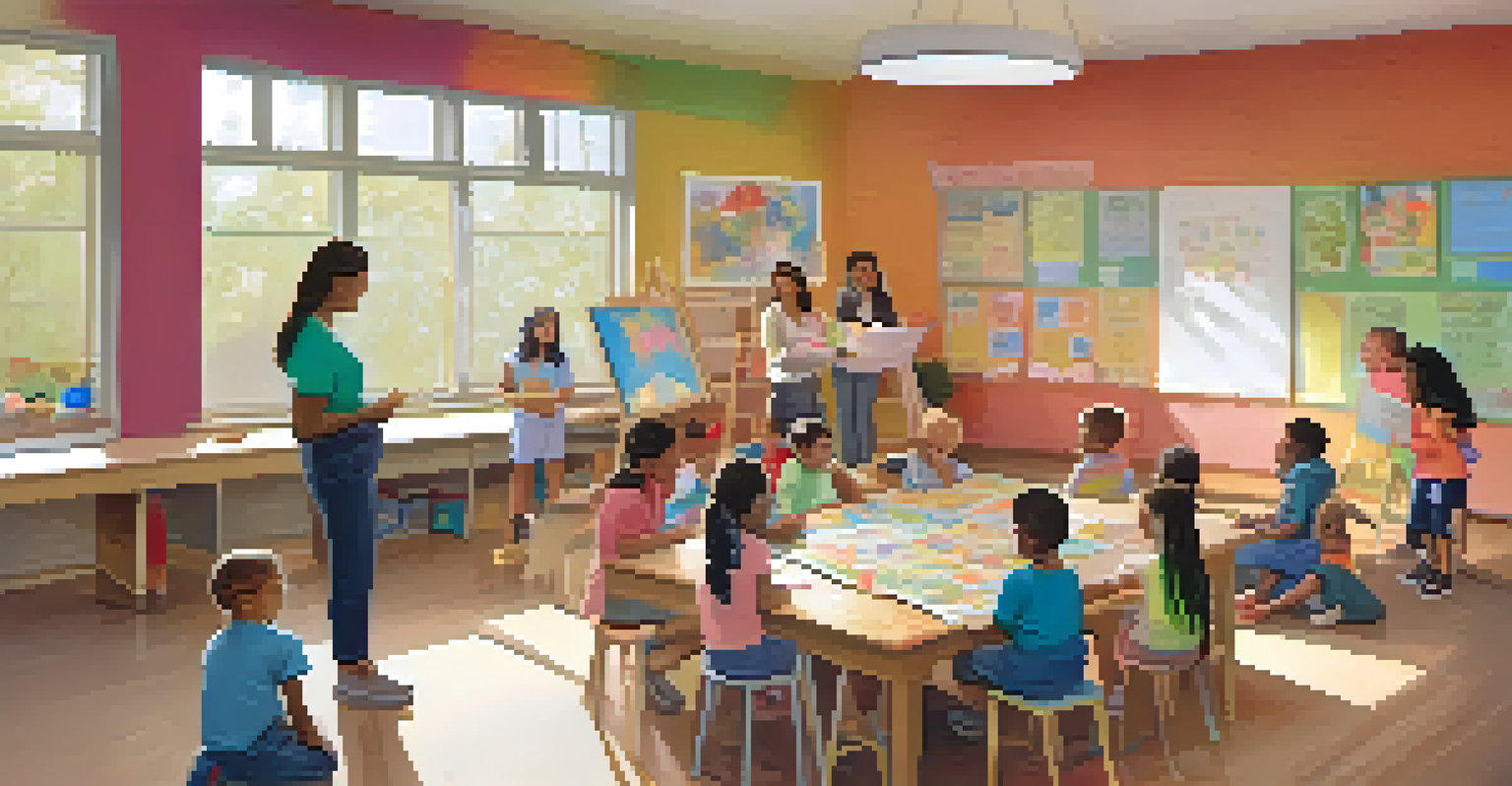 Parents in a community center discussing plans for a cooperative childcare program, surrounded by natural light and children's artwork.