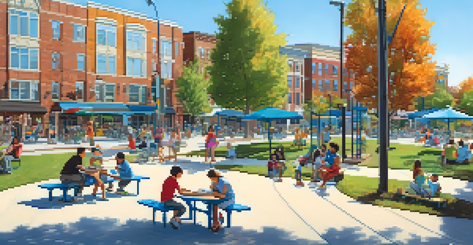 A community park filled with families and children, surrounded by residential buildings and businesses near a transit hub under a clear blue sky.