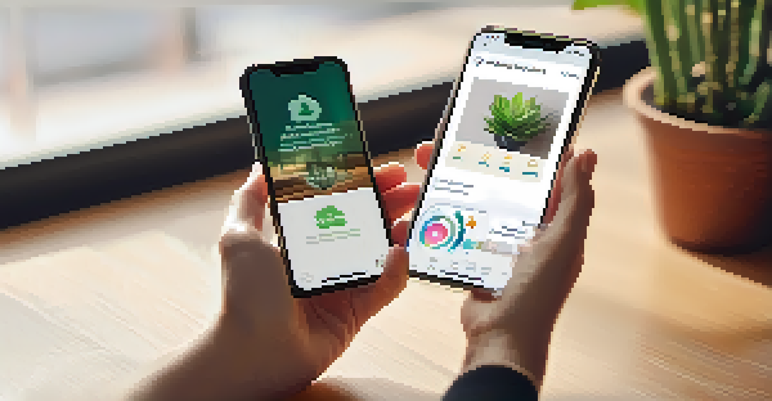 A therapist's hands holding a smartphone displaying a mental health app, set in a calming office environment.