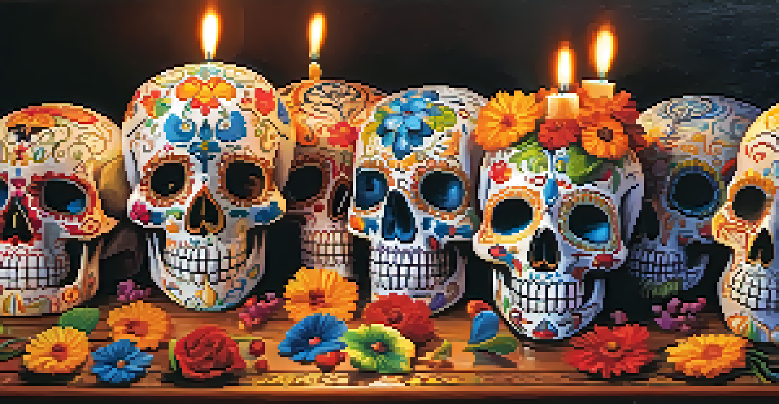 A close-up of colorful sugar skulls, intricately designed and arranged on a table with candles and flowers, representing Dia de los Muertos.