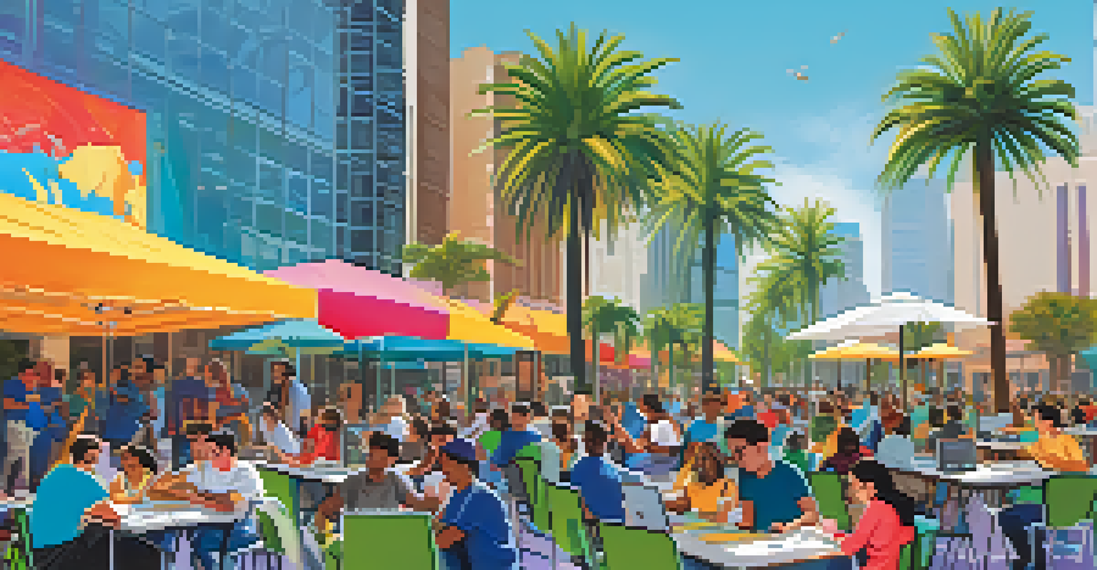 A lively outdoor tech bootcamp event with learners participating in coding activities, surrounded by palm trees and a clear sky.