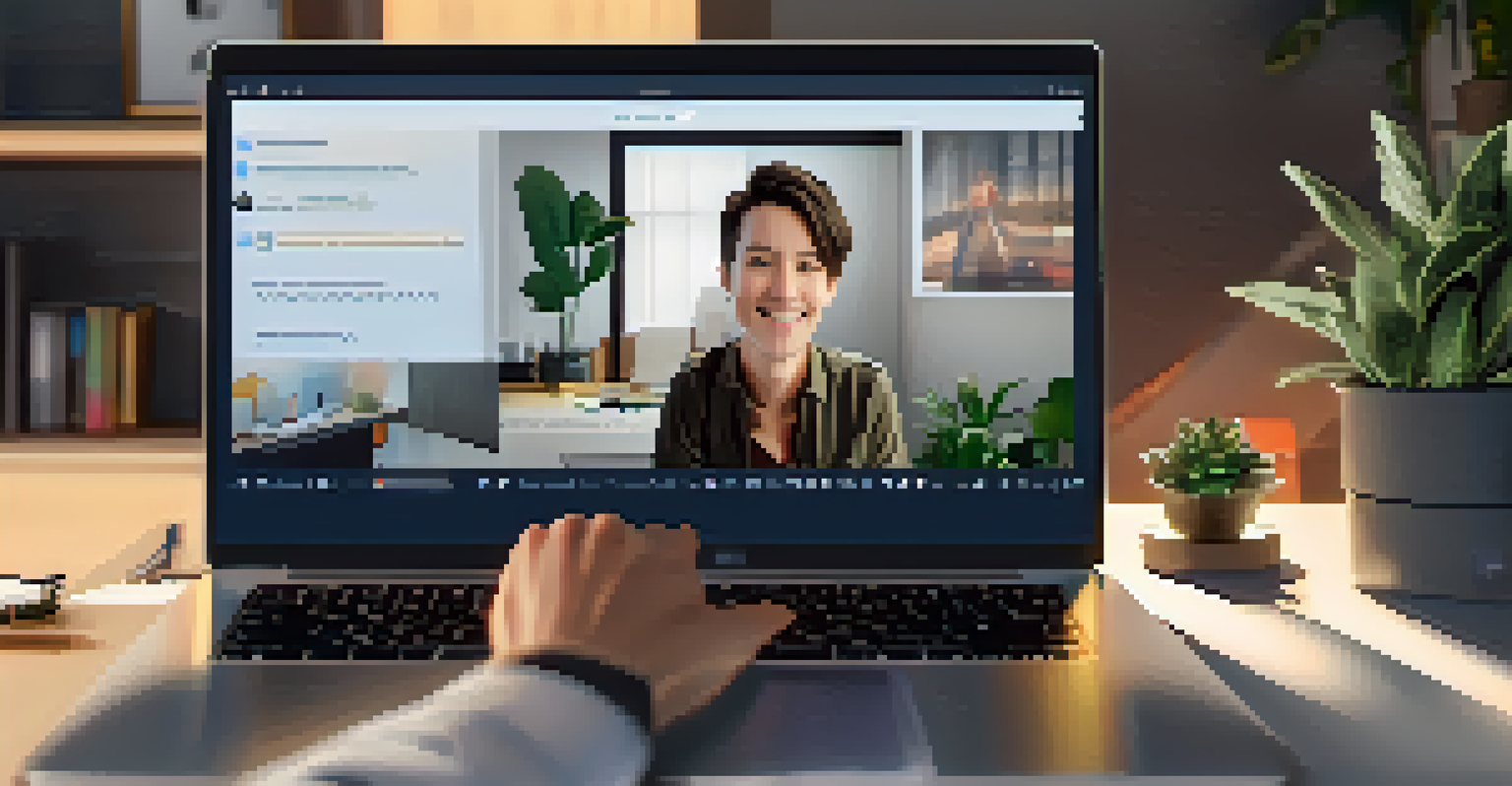 A startup founder engaged in a video call in a cozy home office, with motivational decor and a laptop displaying a presentation.