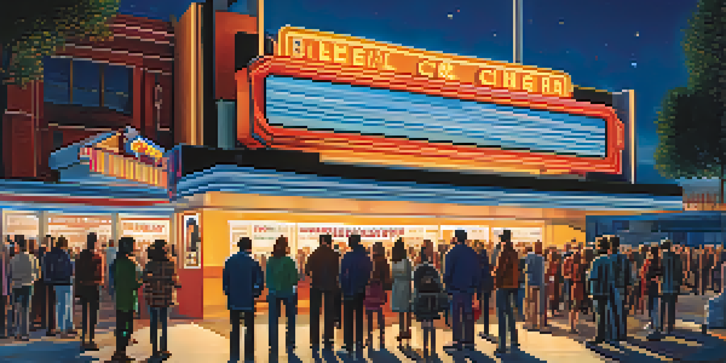 A busy cinema exterior at night with a digital marquee showing blockbuster films and diverse moviegoers in line.