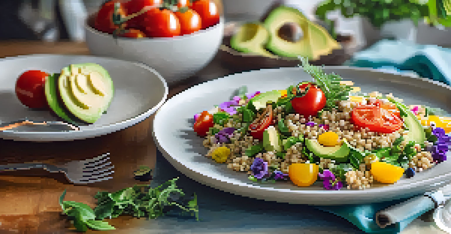 A close-up of a vibrant, healthy meal featuring a salad with fresh ingredients and colorful garnishes.