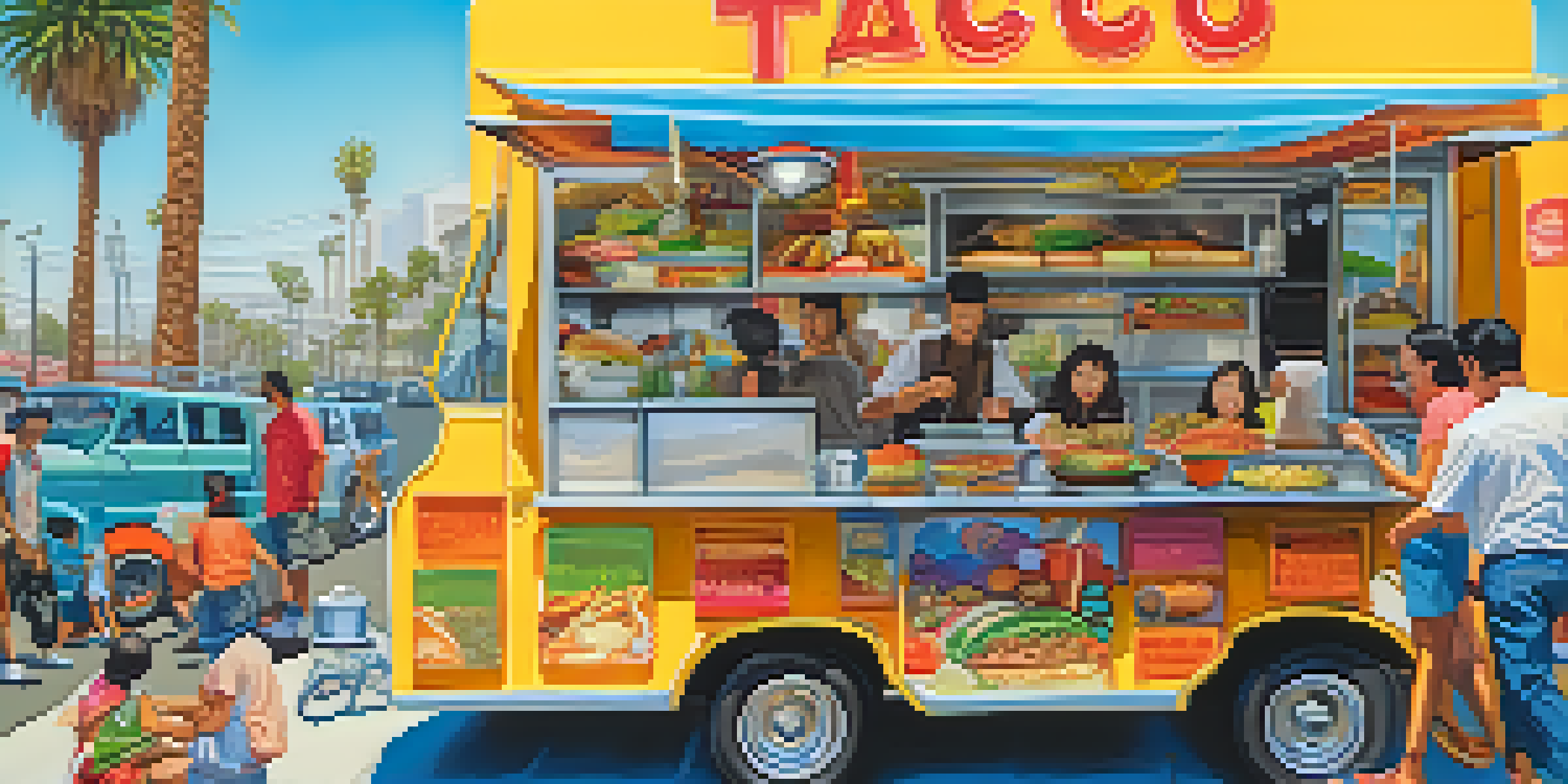A colorful food truck in Los Angeles serving Korean-Mexican tacos, with diverse people enjoying their meals amidst palm trees and a blue sky.