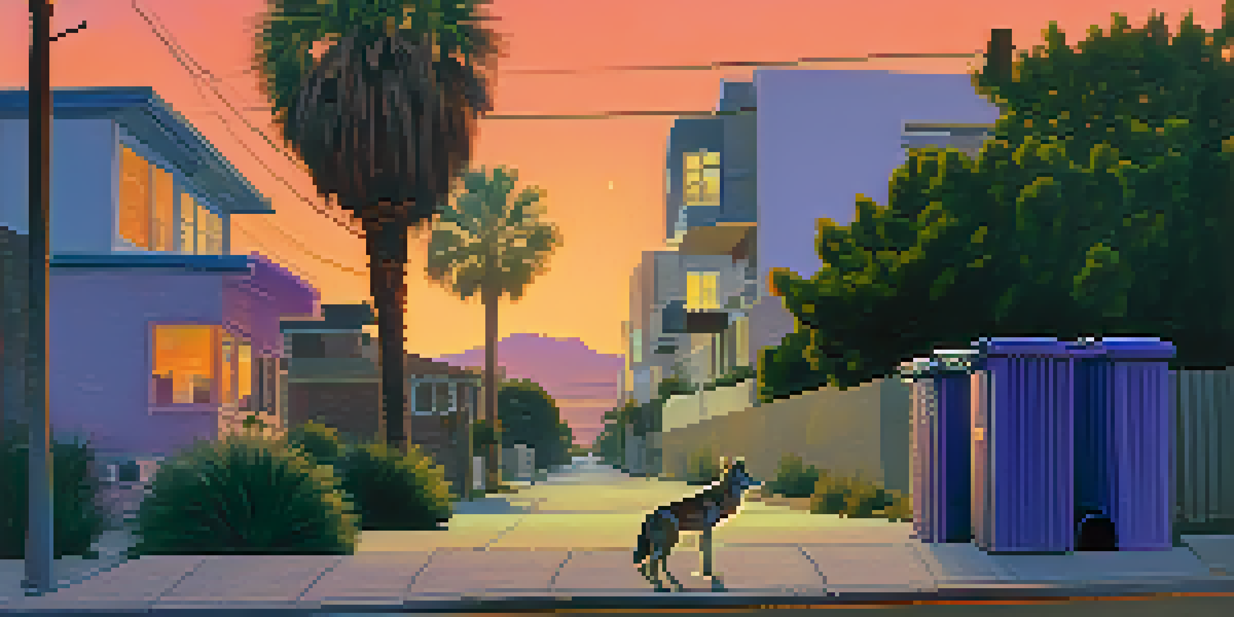 A coyote near a wildlife-proof trash bin in an urban Los Angeles setting during twilight, with modern homes and greenery around.