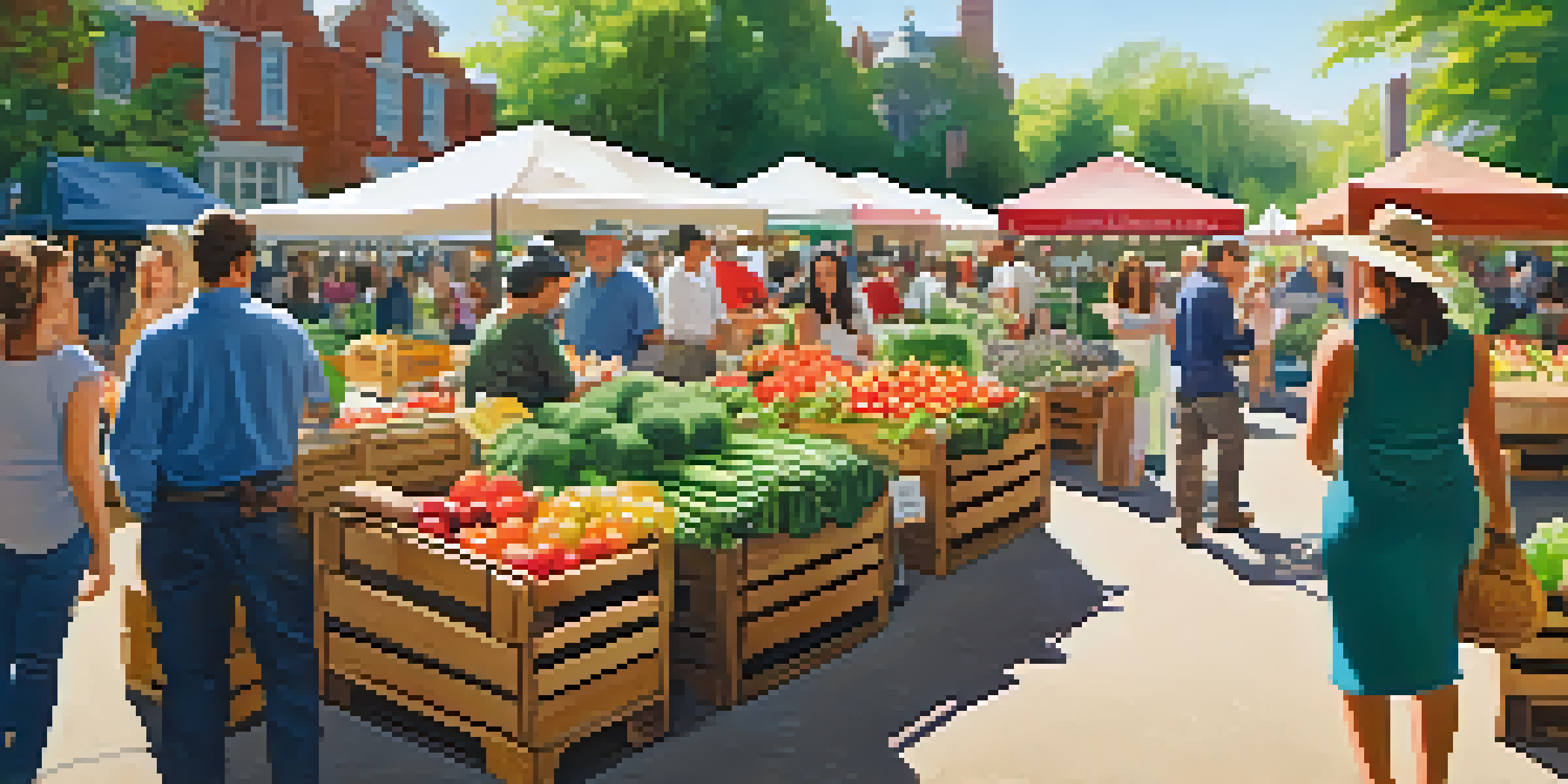 A bustling farmers' market with fresh produce, colorful fruits, and vegetables, under a sunny sky.