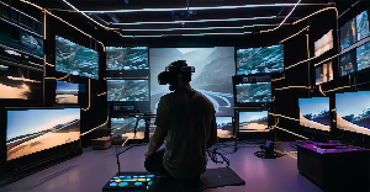 A filmmaker using virtual reality technology on a dimly lit film set with glowing screens and scattered equipment.