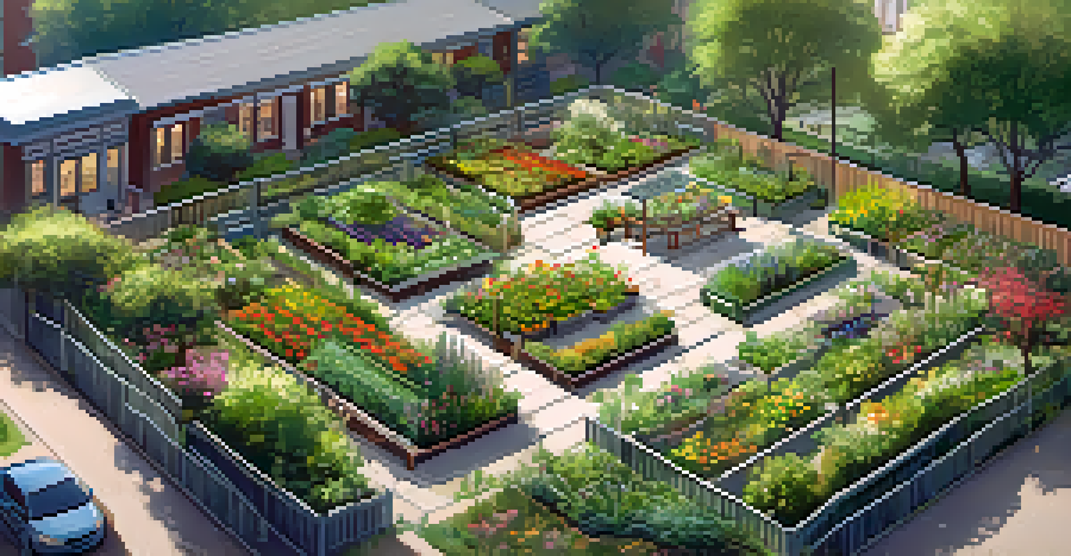 An aerial view of a community garden with individual plots, pathways, and a picnic area surrounded by greenery.