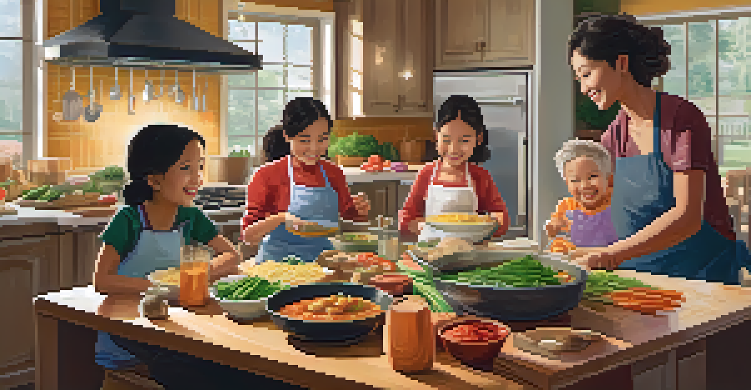 A family cooking together in a cozy kitchen, preparing a fusion dinner with Italian and Thai ingredients, surrounded by fresh vegetables and smiling faces.