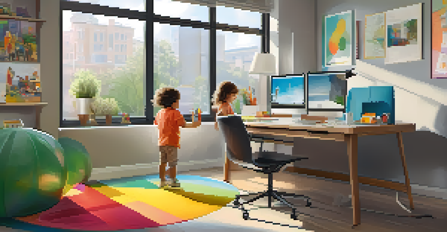 A parent working from home with a child playing nearby, highlighting flexible work arrangements.