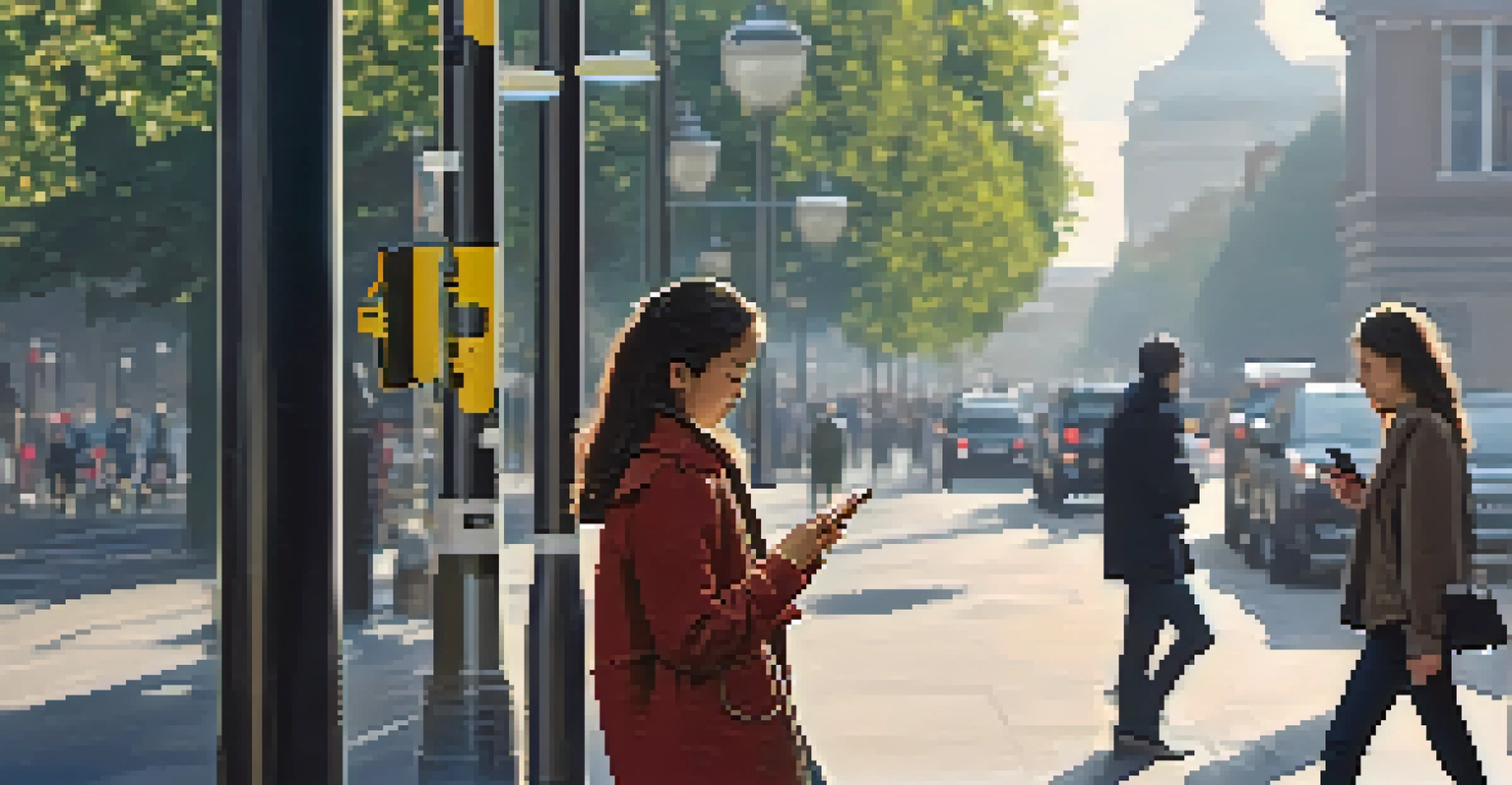 A close-up of air quality sensors on a lamppost showing pollution levels, with a busy street and pedestrians in the background.