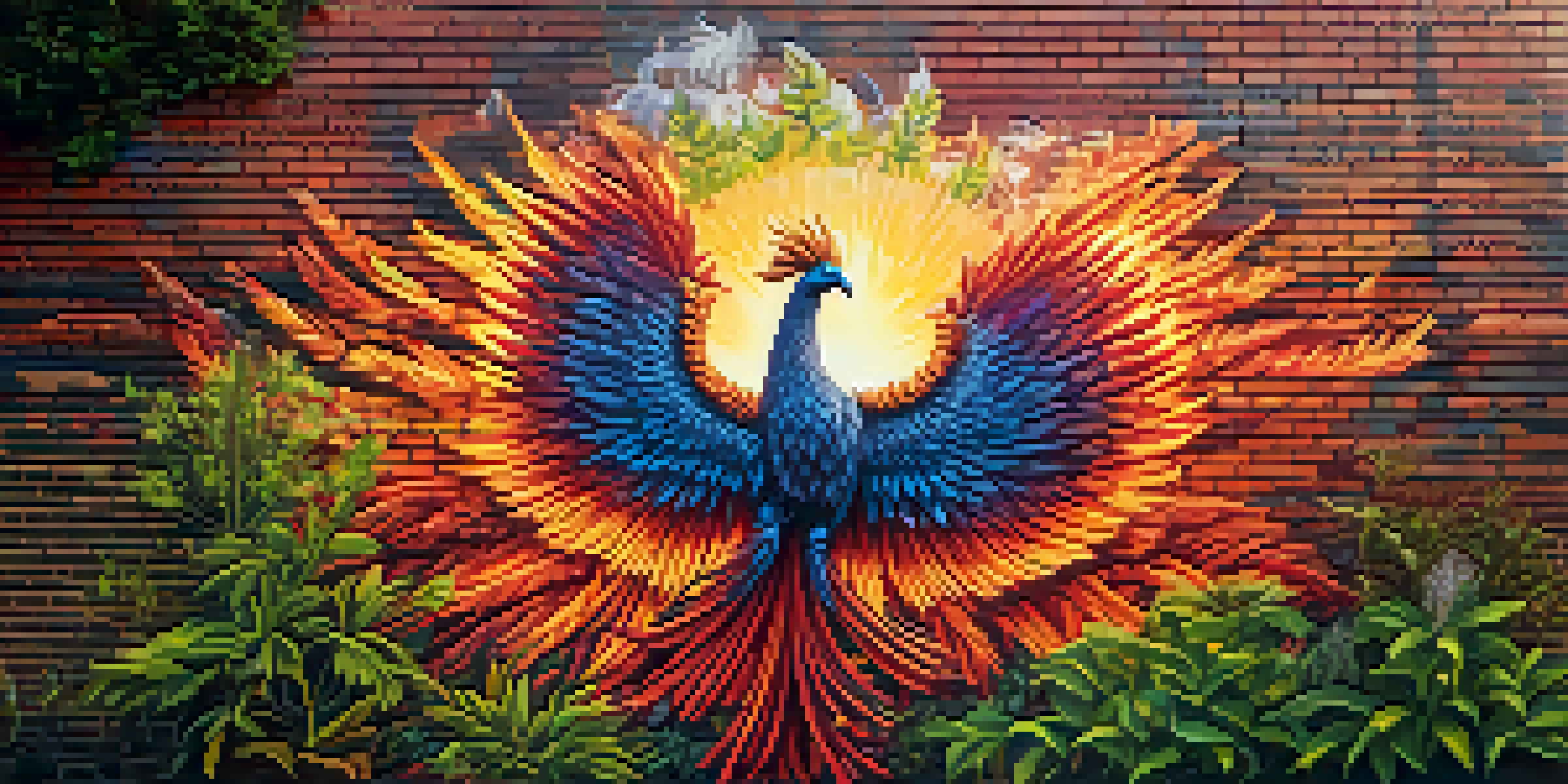 A colorful mural of a phoenix on a brick wall, with sunlight illuminating the artwork and greenery around it.
