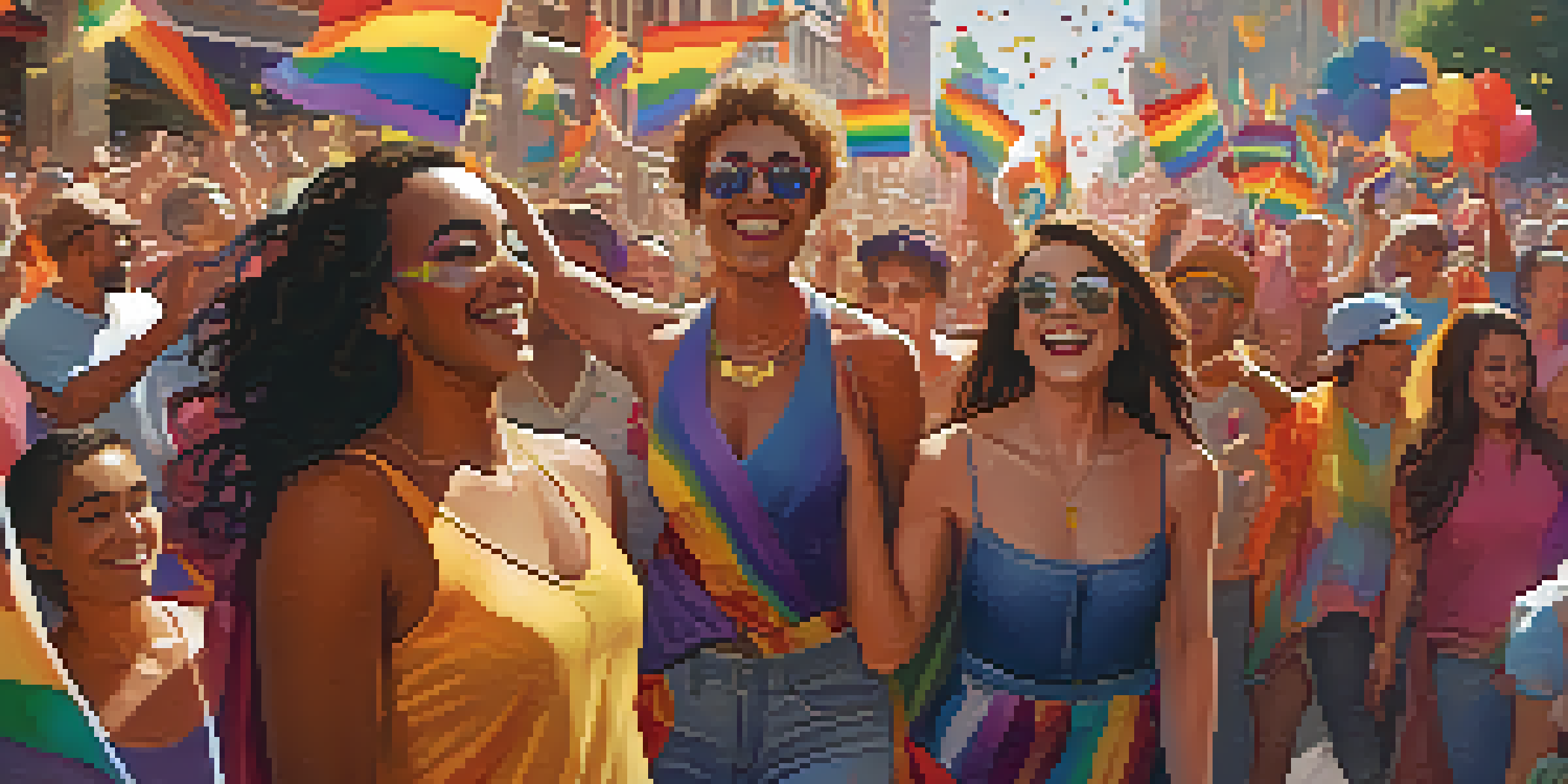 A lively LGBTQ+ pride parade with diverse participants in colorful costumes and rainbow flags, celebrating joyfully under bright sunlight.