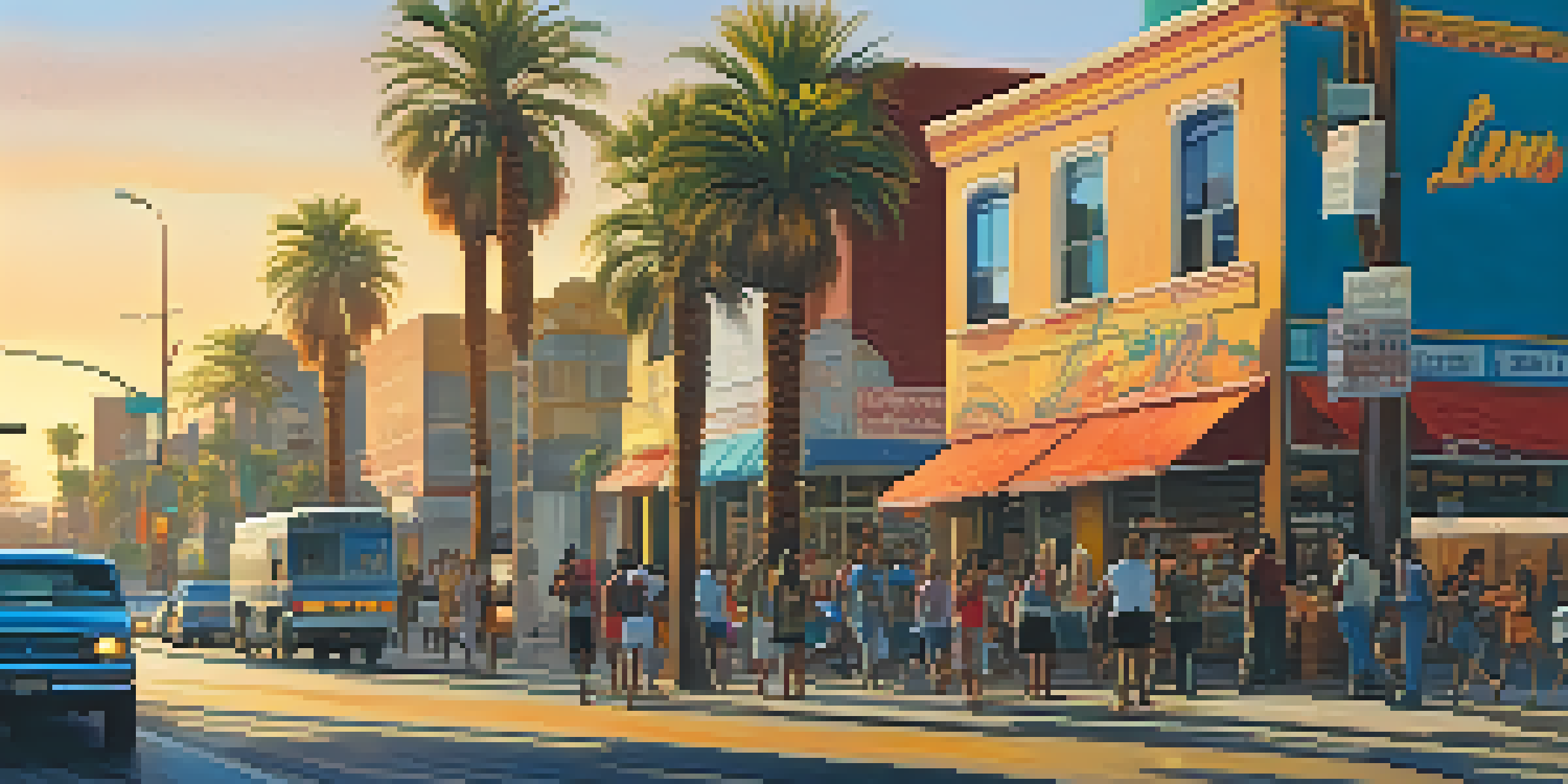 A colorful street scene in Los Angeles with diverse people, murals, and palm trees during sunset.