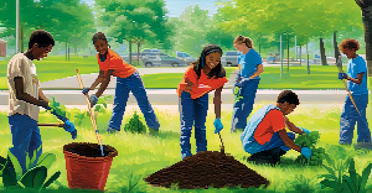 A group of young people planting trees together in a park, showcasing teamwork and environmental care under a blue sky.