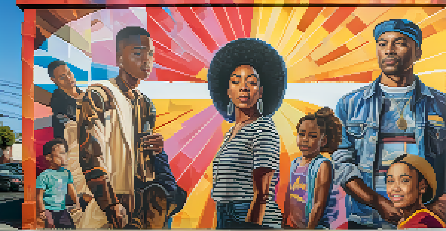 A vibrant mural in Los Angeles representing the intersection of race and LGBTQ+ identity, filled with colors and portraits of activists, with people admiring it.