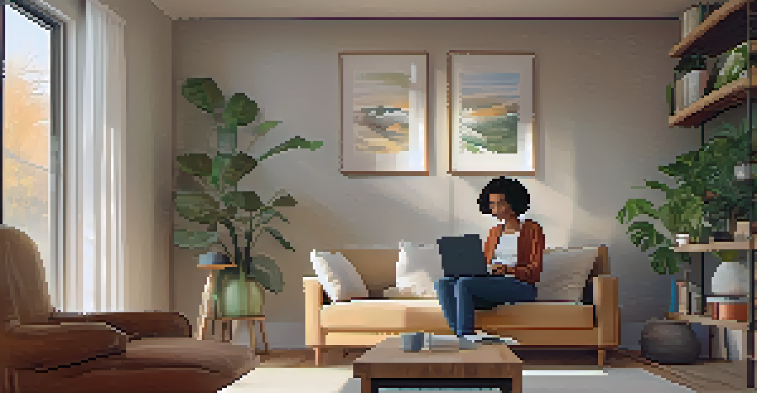 A person on a couch engaging in a virtual therapy session on their laptop, with a therapist visible on the screen.